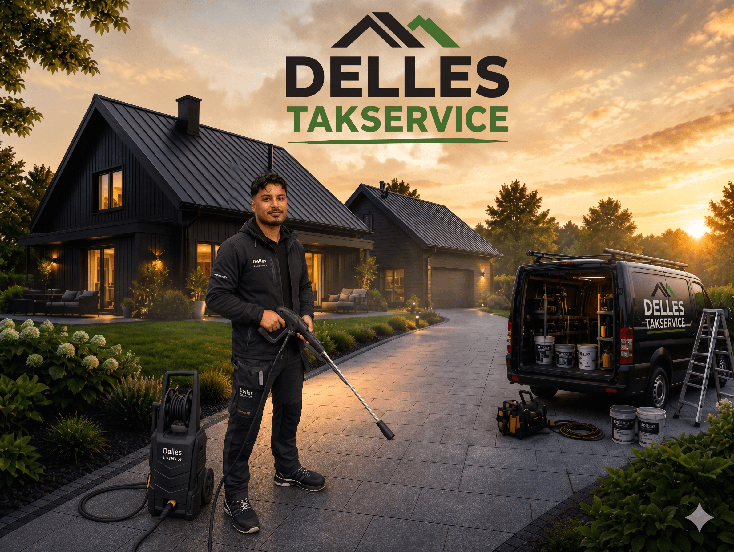 Delle, grundare av Delles Takservice, framför ett hus med plåttak